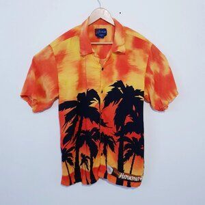 KAD Hawaiian Shirt Mens XL Orange Black Sunset Palms Button Up K.A.D.